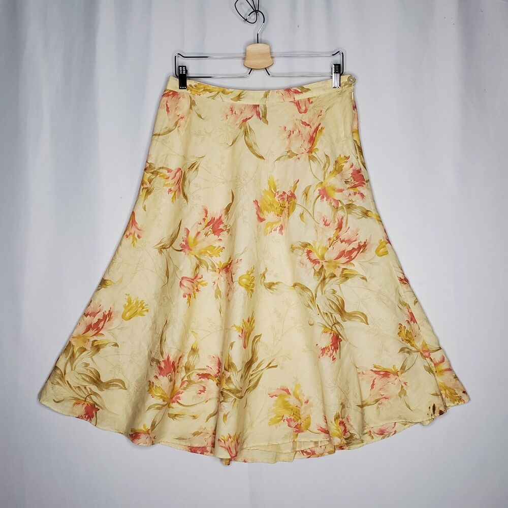 Chaps Flared Midi Skirt 8 Linen-Blend Vintage Floral Cottagecore Coquette Modest